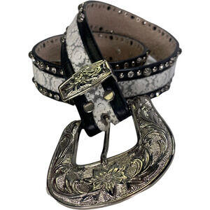 Black Leather &‎ White Lace Jewel Studded Western Belt